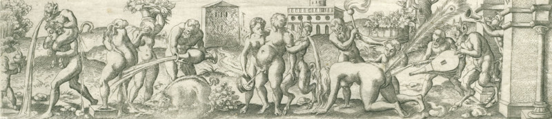 Bacchanal with vomiting satyrs, Three friezes with bacchanals, print, number: '23', printmaker: Virgilius Solis, Nuremberg, 1524 - 1562, Bavaria, paper, engraving, etching, intaglio printmaking technique, height 58 mm x width 246 mm, Part of a series of three friezes with bacchanals., vomiting, satyr(s) (in general), thiasos, i.e. Bacchus' revel-rout, bacchanal without Bacchus, A long horizontal engraving shows a procession of nude human figures and satyr-like creatures in a landscape with architectural elements; several figures carry large vessels pouring long streams of water, others hold wreaths or musical instruments, and one figure kneels while another stands behind holding a shield-like object; vegetation and low rolling hills fill the background, with a blocky building and a colonnaded structure visible, while on the right a group of horn-blowing and string-playing satyr figures stand near a columned doorway and potted plants, and a boar-like animal appears among foliage near th...