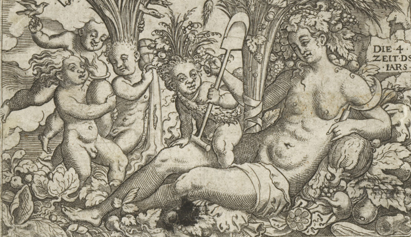 Personification of the Earth with four putti as the four elements, print, number: '122', printmaker: Virgilius Solis, Nuremberg, 1524 - 1562, Bavaria, paper, engraving, etching, intaglio printmaking technique, height 80 mm x width 133 mm, vegetables, year divided into four seasons, earth (one of the four elements), A detailed monochrome engraving shows a reclining nude female figure adorned with leafy vines and fruit in her hair, leaning on a cushion and holding a curved object near her shoulder. Around her are several cherubic children with rounded faces and curly hair; one child holds a long-handled shovel-like tool, another leans against a column of foliage, and a third reaches toward the group from above. Decorative foliage, flowers, and clusters of fruit fill the lower foreground and surround the figures, while vertical plant-like forms rise behind them. The scene is rendered in fine linework with cross-hatching and stippling textures across the figures and background.