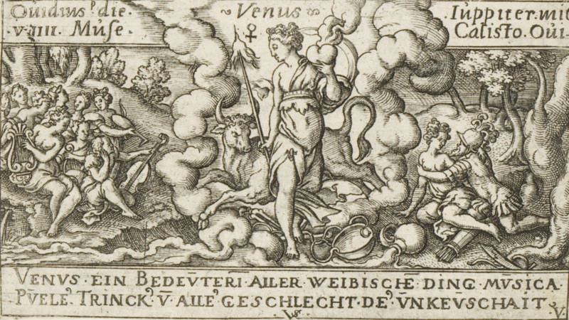 Venus with a Libra and Taurus (signs of the zodiac), Venus, Personifications of planets, print, Numbered lower right: V., number: '52', printmaker: Virgilius Solis, Nuremberg, 1524 - 1562, Bavaria, paper, engraving, etching, intaglio printmaking technique, height 62 mm x width 108 mm, Part of a series of seven prints with personifications of the planets, signs of the zodiac, and depictions of stories from Ovid's Metamorphoses., (story of) Venus (Aphrodite), the Muses acting together (as group), Libra (zodiacal sign of September), Taurus (zodiacal sign of April), Venus (planet), A central standing female figure draped in flowing cloth holds a staff and a round object while clouds swirl around her; a reclining bull with a wreath rests beside her feet and several urns and vessels lie on the ground nearby. To the left, a group of partly draped figures sit and stand close together, some playing stringed instruments and a harp, with one figure blowing a horn. On the right, two partly draped ...