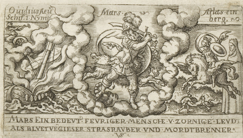 Mars, Mars with an Aries and Scorpio (signs of the zodiac), Personifications of planets, print, number: '52', printmaker: Virgilius Solis, Nuremberg, 1524 - 1562, Bavaria, paper, engraving, etching, intaglio printmaking technique, height 63 mm x width 111 mm, Part of a series of seven prints with personifications of the planets, signs of the zodiac, and depictions of stories from Ovid's Metamorphoses., (story of) Mars (Ares), Aries (zodical sign of March), Scorpio (zodiacal sign of October), Perseus, riding on Pegasus, kills the sea monster, Mars (planet), A detailed engraving shows a central armored figure wearing a plumed helmet and holding a shield and a spear, standing amid swirling clouds. To the left a ship lies among waves with mast and rigging visible and cloud-like smoke rising around it, and above a small seated figure blows a trumpet from what appears to be a wheeled chariot. To the right a winged horse flies with a mounted armored rider and a bearded standing figure nearby,...
