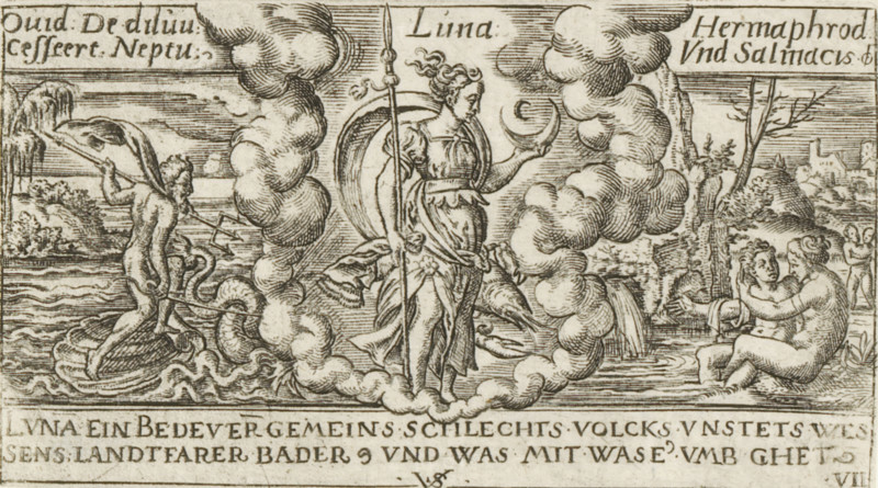 Luna, Luna with a Cancer (zodiac sign), Personifications of planets, print, Numbered lower right: VII., number: '52', printmaker: Virgilius Solis, Nuremberg, 1524 - 1562, Bavaria, paper, engraving, etching, intaglio printmaking technique, height 63 mm x width 112 mm, Part of a series of seven prints with personifications of the planets, zodiac signs, and depictions of stories from Ovid's Metamorphoses., moon as celestial body, chariot, triumphal car, Diana as moon-goddess, i.e. Luna (Selene), Cancer (zodiacal sign of June), A central robed female figure stands within a circular halo of cloud, holding a long spear in one hand and a crescent-shaped object in the other, with draped garments and loose hair. To the left, a partially nude male figure stands on a small boat or shell, leaning forward and pulling on a large fish or sea creature with a long pole, while coiling waves and sea serpents appear around the vessel. To the right, two partially nude figures sit at the water's edge in an ...