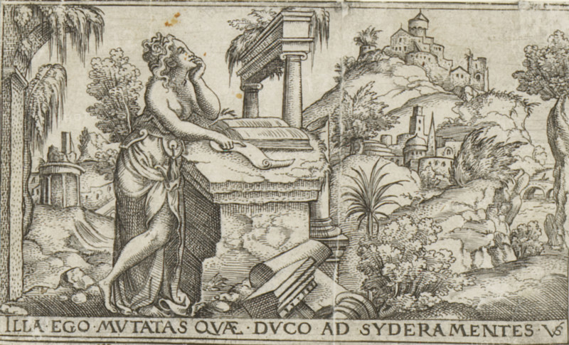 Penance, Female allegories in landscapes, print, number: '72', printmaker: Virgilius Solis, Nuremberg, 1524 - 1562, Bavaria, paper, engraving, etching, intaglio printmaking technique, height 52 mm x width 85 mm, Print is part of a series of six prints with female allegories in landscapes., landscape with ruins, city-view, and landscape with man-made constructions, 'Poenitentia', 'Contritione' (Ripa), part of the confession, A monochrome engraved scene shows a partially draped woman standing by a stone tomb or altar, one hand resting on the stone and the other touching her face as she gazes upward; she wears flowing fabric tied at the waist and her hair falls in curls. Broken columns and architectural fragments lie near the base of the tomb, and a ruined column with a capital leans in the foreground. Behind the woman there are two classical columns supporting an entablature with foliage cascading over it, and trees with detailed leaves and drooping branches frame the left and right side...