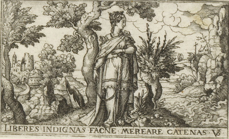 Imprisonment, Female allegories in landscapes, print, number: '72', printmaker: Virgilius Solis, Nuremberg, 1524 - 1562, Bavaria, paper, engraving, etching, intaglio printmaking technique, height 53 mm x width 86 mm, Print is part of a series of six prints with female allegories in landscapes., city-view, and landscape with man-made constructions, A monochrome engraving shows a robed female figure standing beside a gnarled tree in a rocky coastal landscape; she wears a long dress with decorative hems and a draped cloak, her hair styled and partially covered, and she holds a rope or chain that hangs down from her hands. Around her are textured trees and bushes with detailed foliage, rough stones underfoot, tall reeds or grasses to her side, and a body of water with rippling lines extending toward the horizon. In the distant background there are ruined buildings and towers clustered among trees on a shoreline, and on a distant cliff a small chapel-like structure with a cross perched near...