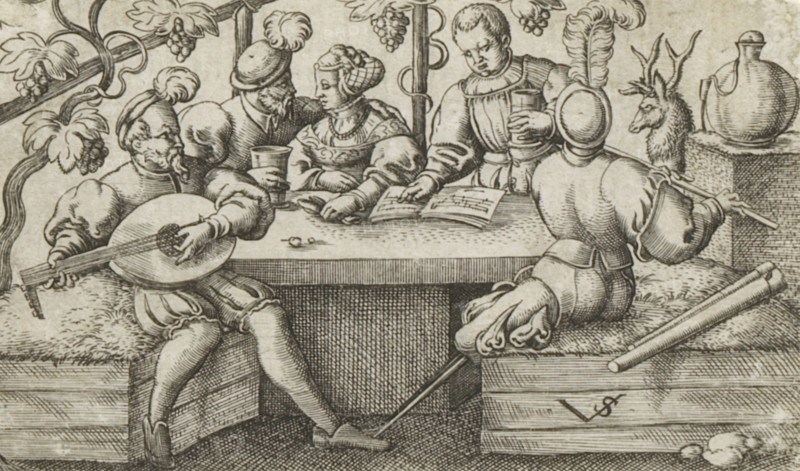 Four men and a woman drinking and making music, Scenes with drinking figures, print, number: '135', printmaker: Virgilius Solis, Nuremberg, 1524 - 1562, Bavaria, paper, engraving, etching, intaglio printmaking technique, height 50 mm x width 85 mm, Print is part of a series of four prints with scenes with drinking figures, transverse flute - CC - out of doors, alcoholic drinks, lute, and special forms of lute, eg: theorbo - CC - out of doors, vocal music, singing - CC - out of doors, notation of music - CC - out of doors, A detailed monochrome engraving shows a group of people seated around a wooden table beneath a vine with leaves and grape clusters. Two figures at the left wear puffed sleeves and hats, one holding a plucked lute-like instrument and the other leaning in with a cup. A woman with braided hair sits between them, hands resting on the table, while a young man in a pleated garment stands to the right holding a large cup and pointing at an open book on the table. A kneeling ...