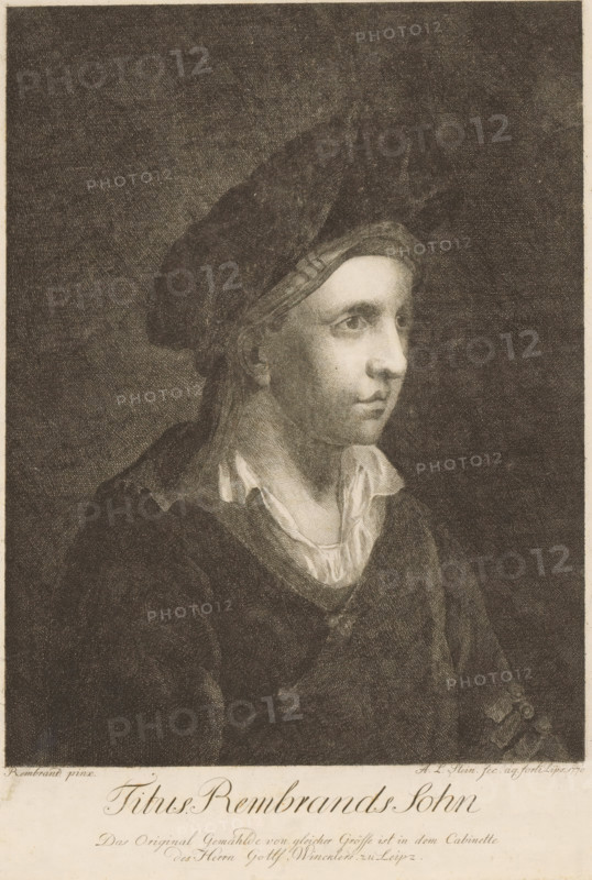 Portrait of Titus Rembrandtsz. van Rijn, print, printmaker: August Ludwig Stein, Leipzig, after painting by Rembrandt van Rijn, 1770, Saxony, paper, etching, height 323 mm x width 250 mm, Person, Titus Rembrandtsz. van Rijn, historical persons, A monochrome portrait of a young person shown from the chest up, turned slightly to the viewer's right, wearing a loose dark garment over a light shirt with a visible collar, and a soft, dark hat with a rounded, voluminous shape that sits low on the head; the face is softly lit with smooth shading, showing a calm, neutral expression, defined eyes looking outward, a straight nose, and closed lips, while thin hair is visible at the temple and behind the ear; the background is uniformly textured and dark, and the lower edge of the image shows a lighter border area.