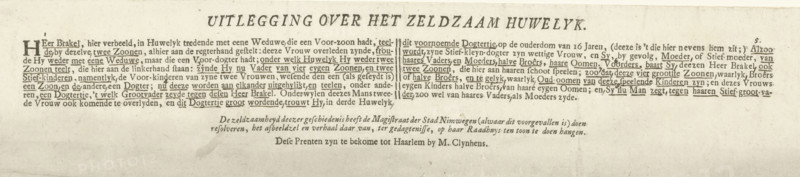 Explanation regarding the rare marriage., The complicated marriage (text sheet), text sheet, Explanatory text printed on a separate sheet accompanying a print of a man and his young wife amidst their six sons., publisher: Bernardus Kleynhens, Haarlem, 1698 - 1750, Romeyn de Hooghe, writer (clerical worker), after print by, paper, letterpress printing, book printing, height 78 mm x width 361 mm, Nijmegen, Period, 1618 - 1698, A rectangular sheet with aged paper texture and faint stains contains a centered block of printed text in a serif typeface, arranged in lines that form a wide horizontal paragraph at the top and shorter centered lines toward the bottom; the top line is set in a larger, bold style and arches slightly, while the remainder of the text is smaller and uniform with occasional italicized or slightly darker words; there are subtle creases and discoloration marks across the page and a small darker smudge near the lower left of the central area.