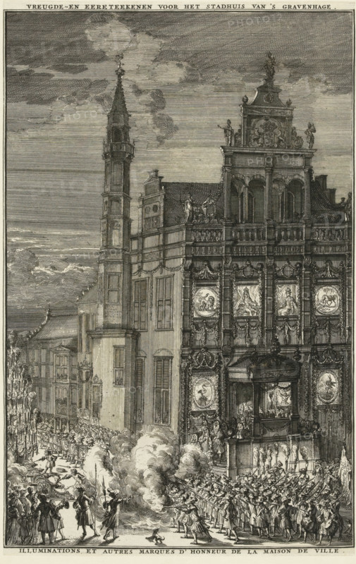 Tokens of joy in front of The Hague City Hall, 1691, print, book illustration, Tokens of joy in front of the City Hall, on the occasion of the entry of William III into The Hague, February 5, 1691. Evening scene with a scaffolding with burning torches on the left, in the foreground soldiers fire salutes observed by the visitors on the steps of the city hall. On the facade of the city hall illuminated portraits of William and Mary and emblems., printmaker: Romeyn de Hooghe, Netherlands, Attributed to, paper, etching, height 328 mm x width 214 mm, State with the letter. Print also used in: Bidloo, Govard. Arrival of His Majesty William III. King of Great Britain, etc. in Holland, or a detailed description of everything, ... decorated with copper plates. The Hague: Arnoud Leers, 1691., Person, William III (Prince of Orange and King of England, Scotland, and Ireland), Maria II Stuart (Queen of England, Scotland and Ireland), triumphal entry and public reception, pageant, 'entrée solennelle...
