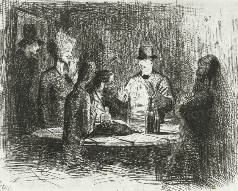 Gentlemen around a table, print, Six gentlemen around a table, on which rests a burning candle. According to the artist's caption, from left to right these are the Hague artists Philip Windt, Marinus van der Maarl, Philip Zilcken, Herman Johannes van der Weele, Adrianus Vrolijk and Otto Eerelman., inscription: 'In order Windt v Maarl Zilcken vd Weele Vrolijk Eerelman', printmaker: Jan Holswilder, The Hague, 1860 - 1890, Jan Holswilder, printmaker, paper, etching, height 117 mm x width 147 mm, Person, Otto Eerelman, Marinus van der Maarel, Adrianus Vrolijk, Philip Windt, candle, table, A black and white sketch shows a group of people gathered around a round table with bottles and a glass on it; a man wearing a top hat and a coat stands facing the table with his hands raised, while other seated and standing figures with varied facial hair and hats lean in or gesture; crosshatched shading fills the background and walls, and dense line work defines clothing folds, hair, and the tabletop.