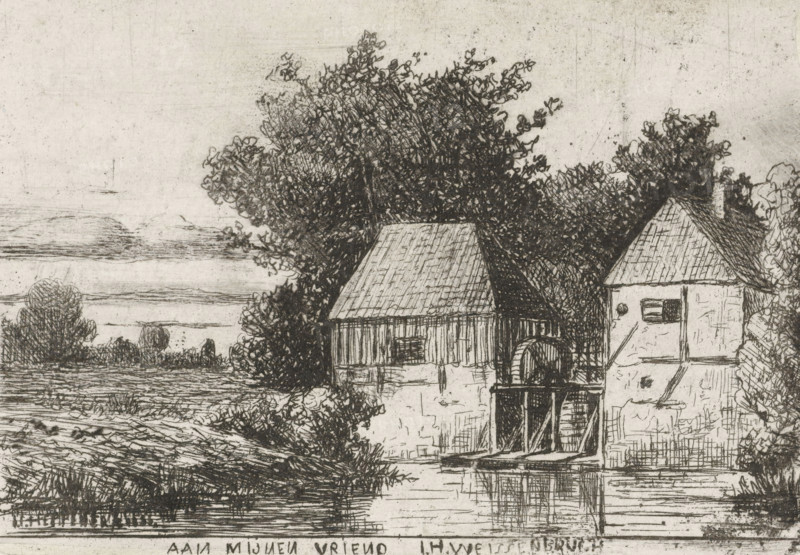 Landscape with watermill, print, printmaker: Jan Heppener, The Hague, dedicated to: Johan Hendrik Weissenbruch, c. 1841 - 1898, paper, chine collé, etching, drypoint, etching on chine collé, proof, height 65 mm x width 92 mm, watermill in landscape, A detailed black and white sketch shows a riverside scene with two adjacent buildings, one with a sloped tiled roof and vertical wooden siding and the other with a steep roof and a small shuttered window, both set against dense, leafy trees and shrubs; a wheel-like structure and a small dock area project over calm water that reflects parts of the buildings and vegetation, while textured foreground grasses and reeds border the water and a distant expanse of sky and low land stretch across the background.