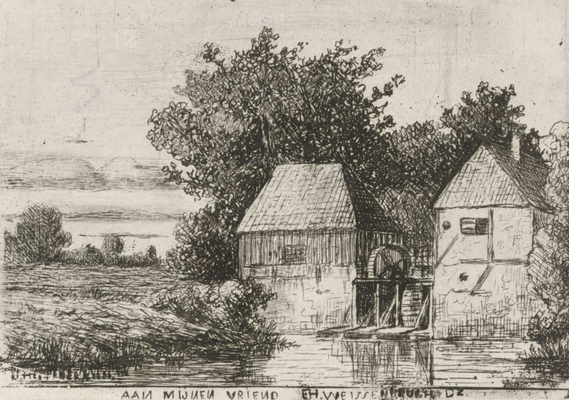Landscape with watermill, print, printmaker: Jan Heppener, The Hague, dedicated to: Frederik Hendrik Weissenbruch, c. 1841 - 1898, paper, chine collé, etching, etching on chine collé, height 65 mm x width 92 mm, watermill in landscape, An ink drawing showing a waterside scene with two adjacent buildings, one with a steep roof and wooden siding and the other with a tiled roof and a small shuttered window, the taller building featuring a vertical wheel structure near the water; dense trees and foliage rise behind and around the buildings, their branches and leaves rendered in intricate hatch marks, and shrubs and low vegetation line the water’s edge, while the foreground shows textured ground and reflections in the water.