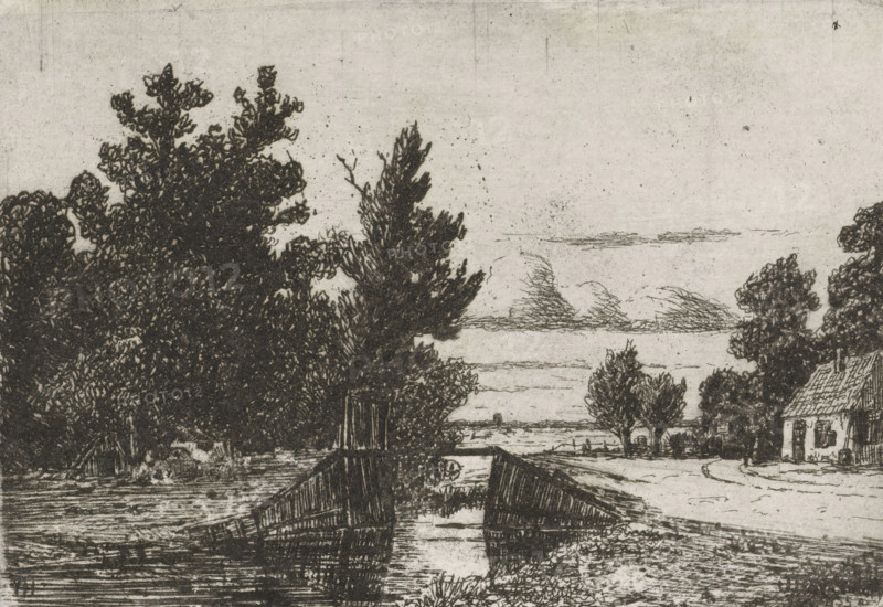Landscape with a bridge over a ditch, print, printmaker: Jan Heppener, The Hague, c. 1841 - 1898, paper, chine collé, etching, etching on chine collé, proof print, height 65 mm x width 93 mm, landscape with bridge, viaduct or aqueduct, farm or solitary house in landscape, A black and white etching showing a rural waterside scene with dense, dark foliage on the left and smaller trees on the right, a wooden bridge or jetty extending into the water in the foreground, calm water reflecting the structures, distant low clouds on the horizon, a small house with a pitched roof partly visible at the right edge, and textured sky and ground created by fine etched lines.