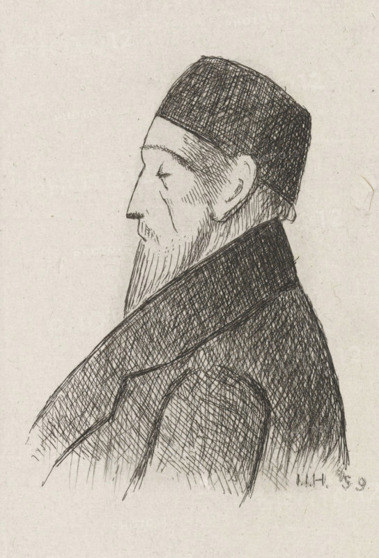 Portrait of Carel August Gunkel, print, inscription: 'portrait of General Gunkel', printmaker: Jan Heppener, The Hague, 1859, paper, chine collé, etching, etching on chine collé, height 99 mm x width 62 mm, Person, Carel August Gunkel, coat (men's clothes), beard, A black ink line drawing of an older man shown in profile facing left, wearing a close-fitting textured cap and a high-collared coat; he has a long straight beard, a prominent nose, a closed eye with a small eyebrow, and visible ear detail, with fine cross-hatching used throughout to render texture and shading on the hat, coat, and facial hair against a light paper background.