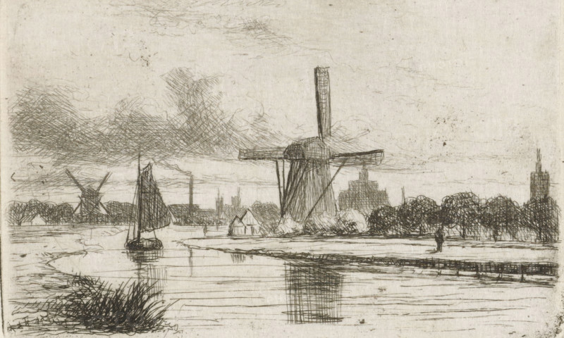 River landscape with windmills, print, printmaker: Jan Heppener, The Hague, c. 1841 - 1898, paper, chine collé, etching, etching on chine collé, proof print, height 51 mm x width 79 mm, windmill in landscape, landscapes with waters, waterscapes, seascapes (in the temperate zone), A monochrome sketch of a riverside scene showing a large traditional windmill near the water with its reflection visible, a sailboat with a furled sail on the river, low houses and clustered trees along the far bank, another smaller windmill in the distance, a strip of grassy reeds in the foreground, a solitary figure standing on the bank, and textured cloud formations filling the sky.