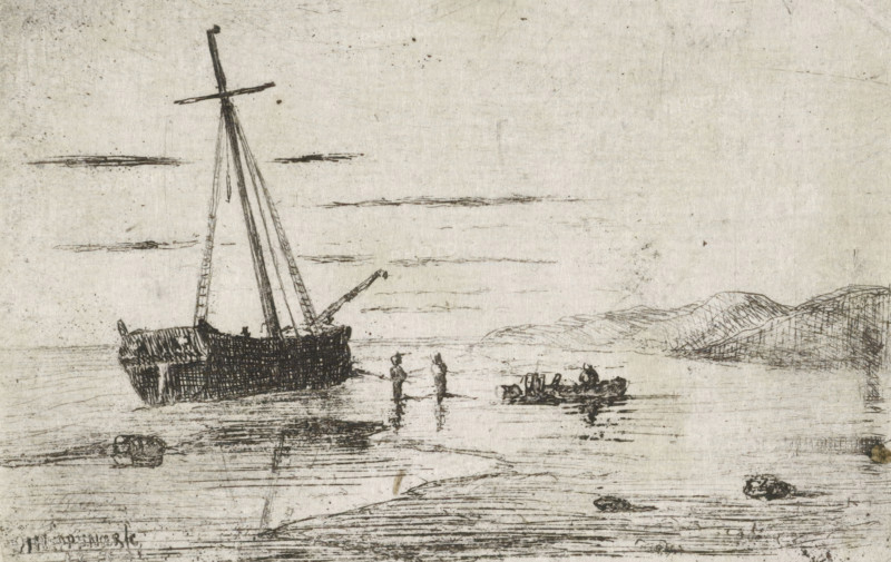 Ship off the coast, print, printmaker: Jan Heppener, The Hague, 1855, paper, etching, etching on chine collé, height 51 mm x width 78 mm, ships (in general), dune coast (landscape with figures, staffage), sand-bank (landscape with figures, A sketched shoreline scene with a large sailboat anchored near the shore, its tall mast and rigging drawn in dark lines, and a smaller rowboat nearby with a person seated inside; two standing figures are shown in shallow water between the vessels; low, gently sloping hills rise in the background to the right; horizontal scratch-like marks suggest clouds and ripples on the water; the drawing is done in fine, dark strokes on a light, textured paper.
