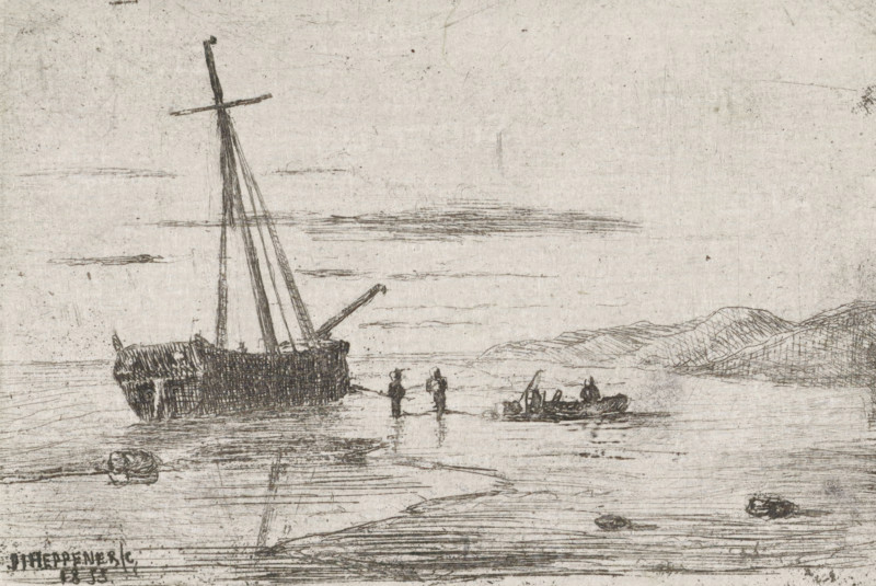 Ship off the coast, print, printmaker: Jan Heppener, The Hague, 1855, paper, chine collé, etching, etching on chine collé, height 51 mm x width 78 mm, ships (in general), dune coast (landscape with figures, staffage), sand-bank (landscape with figures, A monochrome etching shows a beached sailing vessel with tall masts and rigging standing on shallow water near the shore, two small figures standing in the water facing each other beside the ship, a small rowboat with seated figures a short distance away, a low rocky shoreline and gently sloping hills in the background, faint horizontal lines suggesting clouds or distant water, and scattered marks and scratches across the textured surface.