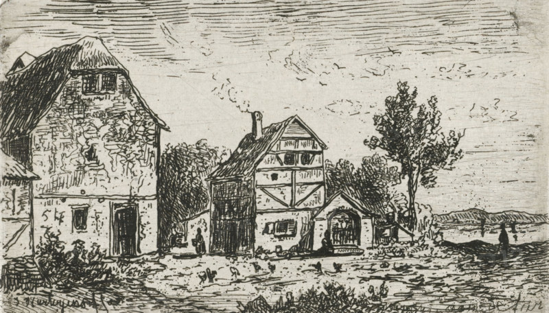Buildings on the Aar, print, printmaker: Joseph Hartogensis, unknown, c. 1837 - 1865, paper, chine collé, etching, etching on chine collé, height 50 mm x width 86 mm, rural housing, eg country-house, villa, cottage, river, Aare, A monochrome ink drawing shows a cluster of rustic buildings along a shoreline, including a large thatched-roof structure with textured stone walls, a smaller half-timbered house with a steep roof and a visible chimney, and an arched entranceway attached to a low building. Trees with detailed foliage rise near the buildings, and low bushes and ground vegetation fill the foreground. Small birds appear scattered on the ground, and two small human silhouettes stand near the waterline at the right edge. The sky is filled with horizontal hatch lines and sparse cloudlike marks, and a distant low range of hills is visible across the water.