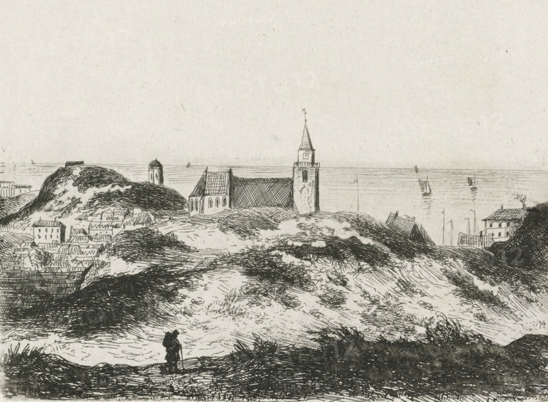 View of Scheveningen, print, printmaker: Joseph Hartogensis, The Hague, in or before 1855, paper, chine collé, etching, etching on chine collé, proof print, height 111 mm x width 142 mm, dune coast, church (exterior), Scheveningen, A monochrome ink landscape showing rolling dunes and grassy slopes leading down to a coastal village and a calm sea beyond, with clustered small buildings and rooftops nestled among the hills, a church with a tall tower and pointed steeple near the shoreline, a round-topped tower on a distant hill, several small boats with sails on the water, a few scattered houses on the far right, and a solitary figure standing in the foreground holding something upright against a textured ground.