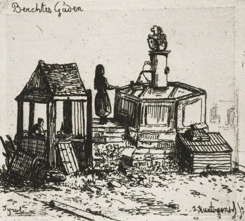 Water pump in Berchtesgaden, print, printmaker: Joseph Hartogensis, The Hague, 1856, paper, chine collé, etching, etching on chine collé, proof print, height 63 mm x width 71 mm, ornamental fountain, Bavaria, Berchtesgaden, A monochrome ink drawing shows a small scene with simple buildings and outdoor structures. A woman in a dark dress stands near a raised octagonal basin topped by a short column bearing a sculpted animal figure. To the left is a covered wooden shelter with a pitched roof and open sides where a seated figure is visible inside. Various planks, barrels, and stacked wooden panels are arranged around the buildings, and low vegetation grows at the base of the structures. The ground in front is uneven with scattered rocks and irregular lines indicating texture. The image has a grainy paper background with small speckles.