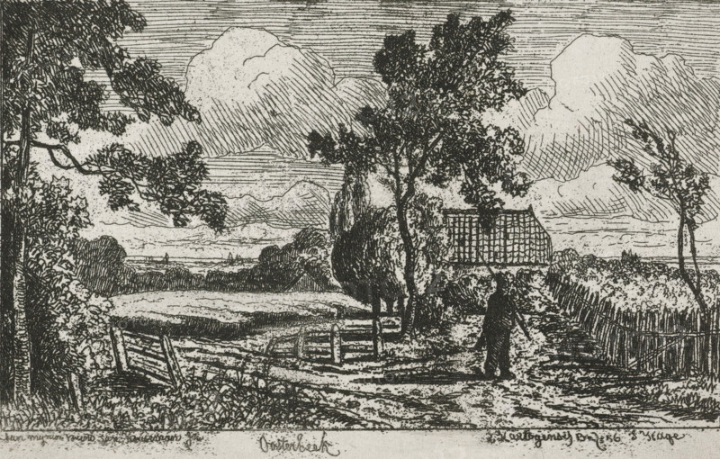 Man at a farm, Oosterbeek, print, printmaker: Joseph Hartogensis, The Hague, dedicated to: Jan Theodoor Kruseman, 1856, paper, chine collé, etching, zinkets, zinkets on chine collé, height 98 mm x width 150 mm, farm or solitary house in landscape (city(-scape) with figures, staffage), A monochrome etching showing a rural scene with a dirt path leading past a wooden gate and fence toward a small building with a tiled roof partially obscured by tall trees; a solitary figure stands on the path near the trees holding a long object, and bushes and hedgerows line the sides of the path; distant low hills and a wide sky filled with large, textured clouds form the background, and detailed crosshatching and stippling create shading throughout the landscape.