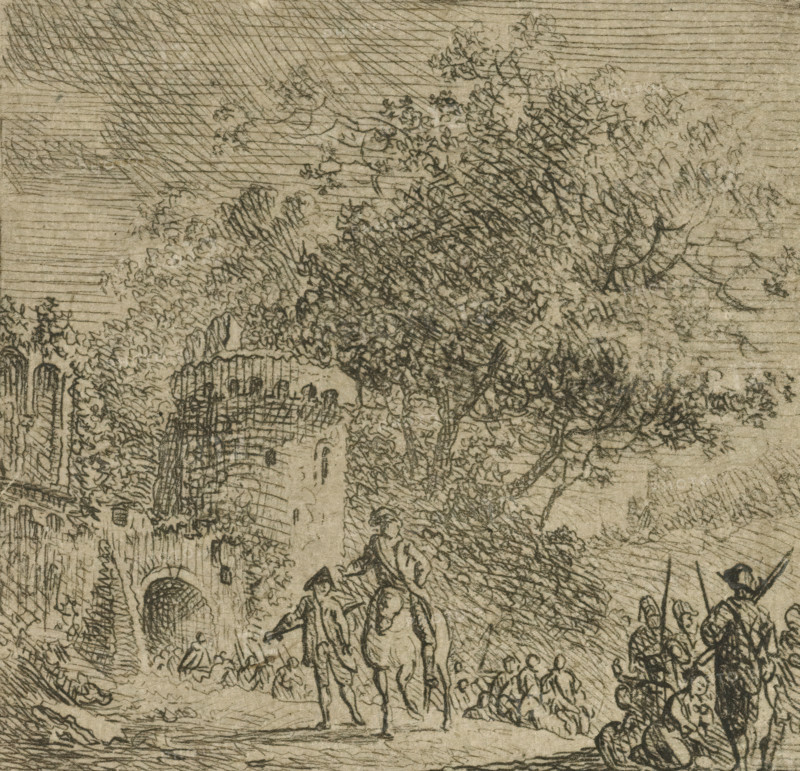 Soldiers at a gate, print, printmaker: Cornelis van Hardenbergh, Netherlands, c. 1770 - 1843, paper, etching, intaglio printmaking technique, etching with plate tone, height 55 mm x width 55 mm, the soldier, the soldier's life, city-gate, A detailed monochrome etching showing a group of people beneath a large, densely foliaged tree, with textured linework depicting leaves and branches spreading across the upper area; beneath the tree, figures stand and sit in various poses, some clustered together and some walking, their clothing and hats suggested by strokes; to the left a stone archway or tunnel is visible set into a wall covered with vegetation, with layered horizontal and curved hatching filling the sky area; on the right a narrow group of figures stands near the tree edge, one holding a long pole or spear, while in the foreground the ground is rendered with crosshatching and small scattered stones.