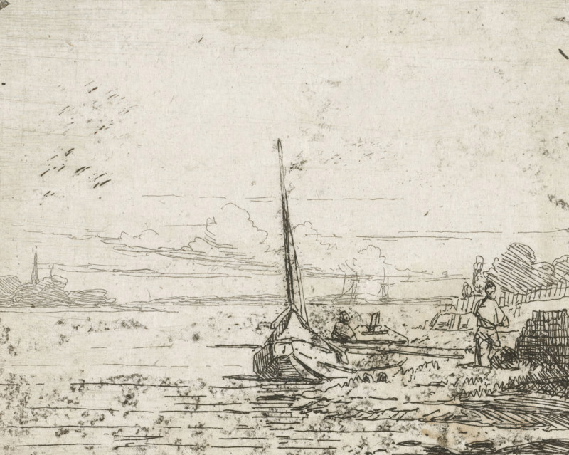 Ship at a bank, print, printmaker: Lambertus Hardenberg (1822-1900), The Hague, c. 1837 - 1900, paper, chine collé, etching, etching on chine collé, height 75 mm x width 99 mm, river (landscape with figures, staffage), boat propelled by man or animal, A wide expanse of pale, textured paper shows fine ink lines forming a waterscape with a tall, narrow mast rising from a small boat at the shoreline, a seated figure near the boat, and a standing figure near stacked crates. Cloud outlines stretch across the horizon and faint sketchy lines suggest distant boats on the water. The foreground includes rippling water lines, scattered specks and smudges on the paper, and areas of denser crosshatching indicating shore and boat details. The right edge shows the suggestion of more piled objects and partial figures rendered in thin, delicate strokes.