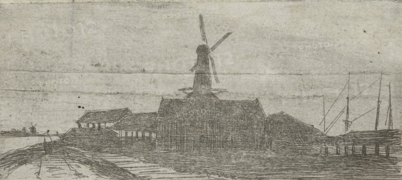 Complex with mill on a river, print, Complex with a windmill, on a dike, with a beginning for a walking figure on the left and several boat masts visible on the right., printmaker: Lambertus Hardenberg (1822-1900), The Hague, c. 1837 - 1900, paper, chine collé, etching, etching on chine collé, proof, height 38 mm x width 83 mm, factories and mills in landscape, A monochrome sketch of a waterside scene showing several buildings with pitched roofs clustered along a shoreline, a tall windmill with visible sails rising behind the central structure, a dock or pier extending from the right edge with vertical posts, thin masts and rigging of ships visible near the right side, low embankments and textured ground in the foreground, and a simple horizon line under a plain, lightly textured sky.