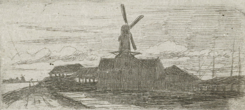 Complex with mill on a river, print, Complex with a windmill, on a dike, with a beginning for a walking figure on the left and several boat masts visible on the right., printmaker: Lambertus Hardenberg (1822-1900), The Hague, c. 1837 - 1900, paper, chine collé, etching, etching on chine collé, proof, height 38 mm x width 83 mm, factories and mills in landscape, A monochrome sketch shows a landscape dominated by a large windmill with visible sails atop a tall central structure, flanked by low buildings with pitched roofs. The foreground features textured ground and water with horizontal etching lines and linear reflections, while the middle distance includes additional small buildings and a distant smaller windmill near the horizon. The sky is filled with long horizontal hatch marks and a band of softly outlined clouds stretching across the scene. Overall the image is composed of fine linear strokes and crosshatching creating tonal variation.
