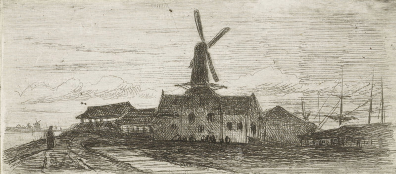 Complex with mill on a river, print, Complex with a windmill, on a dike, with a walking figure on the left and several boat masts visible on the right., printmaker: Lambertus Hardenberg (1822-1900), The Hague, c. 1837 - 1900, paper, chine collé, etching, etching on chine collé, proof, height 38 mm x width 83 mm, factories and mills in landscape, A monochrome sketch shows a flat landscape with a large windmill structure at the center, its sails extending upward and angled. Low buildings with pitched roofs surround the windmill, and a cluster of masts and rigging from ships appears to the right. A figure stands on a rough path in the foreground, facing toward the buildings. Clouds are sketched across the sky, and horizontal lines and crosshatching provide texture to the ground, structures, and sky.