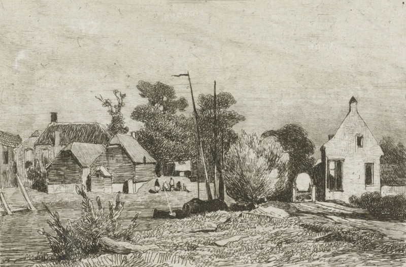 View of houses and a boat, print, View of several houses with the protruding mast of a boat in the center., printmaker: Lambertus Hardenberg (1744), The Hague, c. 1837 - 1900, paper, chine collé, etching, etching on chine collé, height 100 mm x width 140 mm, outskirts of village (city(-scape) with figures, staffage), parts of ship's exterior: mast, A monochrome etching shows a riverside scene with several small buildings and houses, some with pitched roofs and chimneys, clustered among trees and shrubs; in the foreground a grassy, textured bank leads down to water where a fallen tree and reeds are visible, and a narrow path runs toward a house with a steep gable and a small arched entryway beside it; near the center several slender poles stand upright beside dense foliage and a group of figures sits or crouches on the ground close to a simple wooden structure, while boats and a small docked craft lie along the water’s edge.
