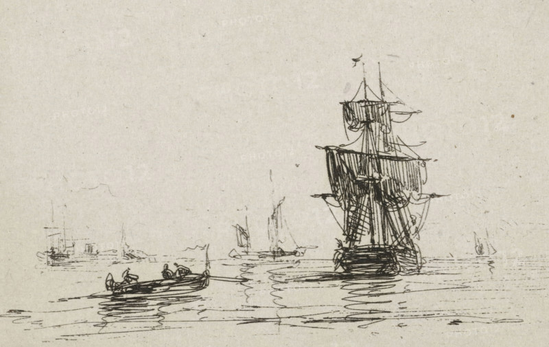 Navy with sailing ship, print, printmaker: Maurits Frederik Hendrik de Haas, Rotterdam, 1854 - 1856, paper, chine collé, etching, etching on chine collé, height 64 mm x width 92 mm, sailing-ship, sailing-boat, A sketched scene on light textured paper showing several small boats and a larger sailing ship on calm water, drawn with dark ink lines and hatching; the large ship has multiple masts, rigging, and furled sails, while smaller rowboats with figures are near the foreground and other sailboats appear faintly in the distance, all reflected in rippling ink strokes on the water.