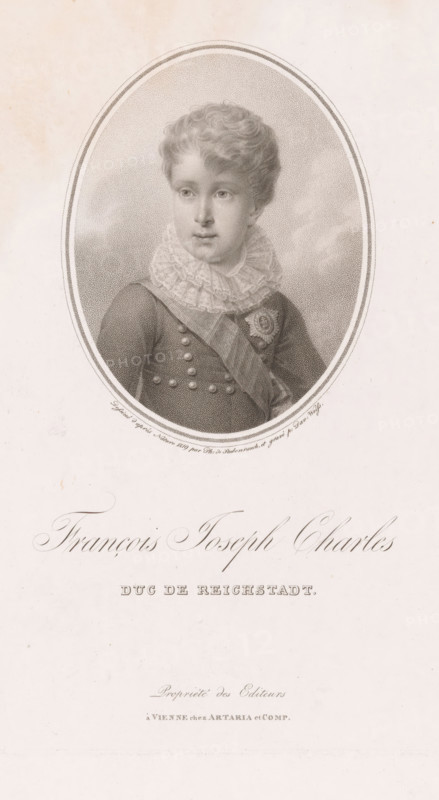 Portrait of Napoleon Frans Karel Jozef Bonaparte, print, printmaker: David Weiss, Vienna, after drawing by Philipp von Stubenrauch, publisher: Artaria & Co., 1819, Lower Austria, paper, engraving, stippelwerk, height 317 mm x width 227 mm, Person, Napoleon II (King of Rome, Emperor of the French), historical persons, An oval portrait of a young person with short curly hair wearing a high ruffled collar and a dark buttoned garment with a sash and a rosette pinned to the chest, surrounded by a dotted vignette and set against a pale background with faint spotting, with decorative script and smaller printed text visible below the portrait.