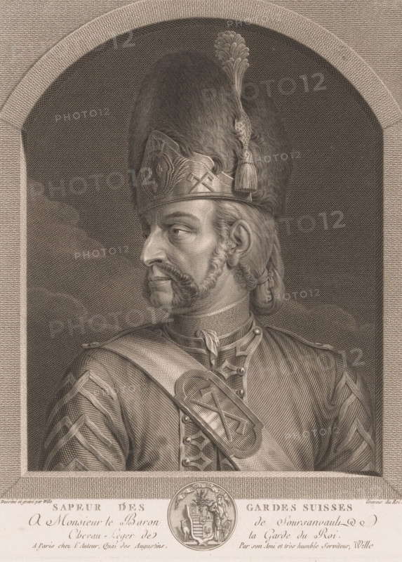 Sapeur des gardes Suisses, Soldier of the Swiss Guard, print, Series number, 23, printmaker: Johann Georg Wille, Paris, dedicated to: baron de Soursanvauli, 1779, paper, engraving, etching, height 260 mm x width 194 mm, This print is part of a series of unknown size based on Dutch and German paintings. On some prints it is indicated at the top left which number in the series it concerns., the soldier, the soldier's life, A detailed engraved portrait shows a man in profile wearing a tall, plumed hat with decorative banding and a tassel, his face framed by muttonchop sideburns and a mustache, and his gaze directed outward; he is dressed in a uniform with a high collar, a sash across his chest fastened by a decorative clasp, and patterned sleeves, all rendered with fine line work; the figure is set within an arched frame against a textured background, with an ornamental circular emblem below the arch and decorative borders surrounding the composition.