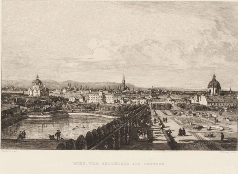 Wien, vom Belvedere aus gesehen, View of Vienna, print, printmaker: William Unger, after painting by Canaletto, printer (person): L. Pisani, publisher: Hugo Othmar Miethke, Vienna, 1861 - 1889, printer (person), Lower Austria, paper, chine collé, etching, intaglio printmaking technique, height 274 mm x width 376 mm, city-view, and landscape with man-made constructions, A wide sepia-toned panoramic cityscape rendered in fine linear detail shows a formal garden with trimmed hedges, pathways, fountains, and scattered groups of strolling figures in period dress in the foreground, a reflective rectangular water basin bordered by walkways and people, and tree-lined avenues leading toward a distant urban skyline. The middle distance contains rows of classical buildings with domes, towers, and spires punctuating the horizon, including two prominent domed structures at opposite sides of the scene. Beyond the city a low mountain range stretches under a sky filled with textured cloud formations r...
