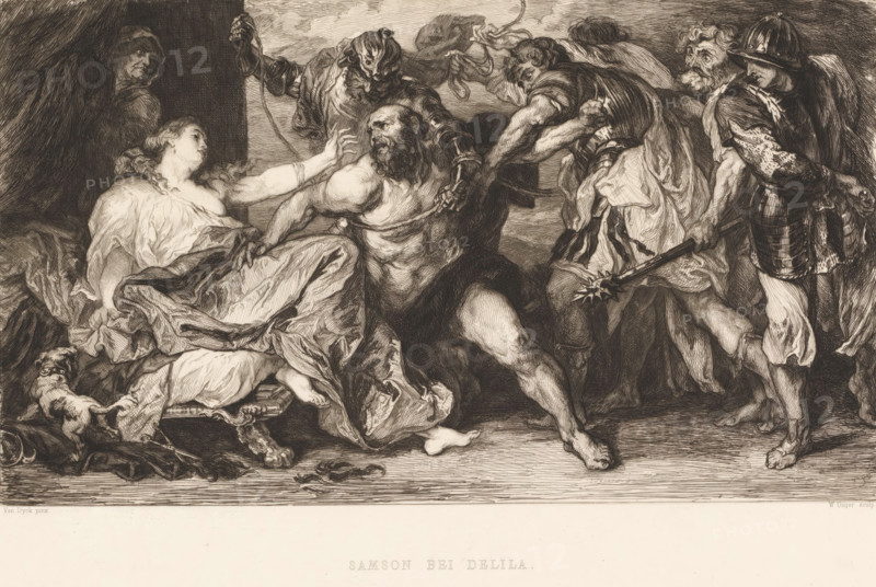 Simson and Delilah, Samson and Delilah, print, printmaker: William Unger, after painting by Anthony van Dyck, printer (person): A. Pisani, publisher: Hugo Othmar Miethke, Vienna, 1861 - 1889, printer (person), Lower Austria, paper, chine collé, etching, intaglio printmaking technique, height 307 mm x width 430 mm, story of Samson and Delilah (Judges 16:4-21), A monochrome etching showing a chaotic interior scene with several figures in dramatic poses, centered on a muscular bearded man seated and leaning forward as he reaches toward a reclining woman who raises one arm toward him; the woman wears flowing drapery and lies on a cushioned surface with fabric cascading beneath her and a small dog at the foot of the seat; surrounding them are armed men in varied armor and garments, one holding a spiked club and others grasping ropes and the central man's limbs, while a helmeted figure stands to the right and an ominous hooded figure watches from the shadows on the left; the composition emph...