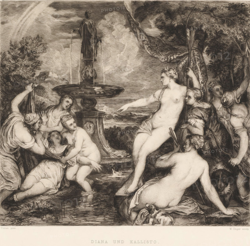 Diana and Callisto, Diana und Kallisto, print, printmaker: William Unger, after painting by Titiaan, printer (person): A. Pisani, publisher: Hugo Othmar Miethke, Vienna, 1861 - 1889, printer (person), Lower Austria, Titian, paper, chine collé, etching, intaglio printmaking technique, height 297 mm x width 321 mm, Jupiter, in the guise of Diana, and Callisto, A detailed monochrome engraving shows a group of partially draped and nude figures gathered around a stone fountain with a carved pedestal and a standing statue at its center from which streams of water flow; a reclining central female figure gestures outward while others around her sit, lean, and hold drapery or staffs, their hair styled and expressions varied; surrounding foliage and trees frame the scene above a pool whose surface reflects light, and a rocky shoreline and clouds form the distant background; a small dog lies near the seated figures and decorative fabric and carved architectural elements appear near the corners.