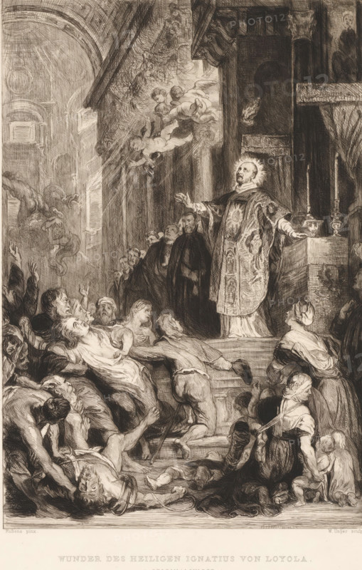 Wunder of the Saints Ignatius von Loyola, Saint Ignatius of Loyola heals the possessed, print, printmaker: William Unger, after painting by Peter Paul Rubens, printer (person): A. Pisani, publisher: Hugo Othmar Miethke, Vienna, 1861 - 1889, printer (person), Lower Austria, paper, chine collé, etching, intaglio printmaking technique, height 369 mm x width 252 mm, miraculous healings of St. Ignatius of Loyola, A crowded interior scene rendered in dark, detailed lines shows a robed clergyman standing on a raised platform with arms outstretched and a halo-like glow around his head, facing a chaotic throng below; several men in clerical robes stand behind him near an altar with tall candles and ornate elements, while cherubic figures float above, bathed in light and reaching toward the scene; the foreground is filled with numerous people in varying states of distress and supplication, some carrying others, some reaching up, and some collapsed on the ground, their faces and bodies drawn with...