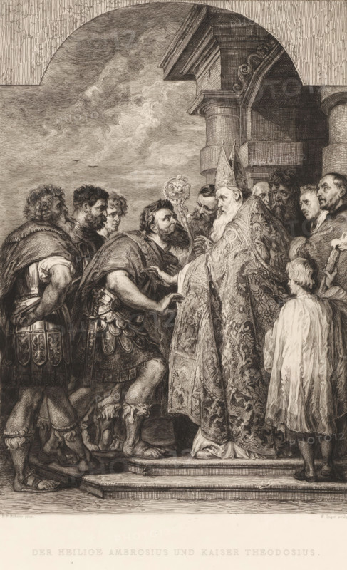 H. Ambrose does not allow Emperor Theodosius into the church, Der Heilige Ambrosius und Kaiser Theodosius, print, printmaker: William Unger, after painting by Peter Paul Rubens, printer (person): A. Pisani, publisher: Hugo Othmar Miethke, Vienna, 1861 - 1889, printer (person), Lower Austria, paper, chine collé, etching, intaglio printmaking technique, height 317 mm x width 285 mm, St. Ambrose refuses emperor Theodosius admission to the church, A detailed monochrome engraving shows a group of men gathered on stone steps beneath an archway with a cloudy sky visible overhead; at the center an elderly bearded figure in ornate patterned robes and a tall decorated mitre holds a staff and faces a kneeling bearded man in armor whose hand rests against the elder's sleeve; surrounding them are other men in varied garments including armor, cloaks, and long robes, some with beards and intense expressions, and a young boy in a plain flowing garment stands to the right looking toward the central fig...