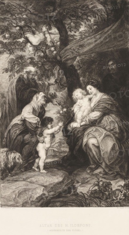 Altar des H. Ildefons, Holy Family under an apple tree, print, printmaker: William Unger, after painting by Peter Paul Rubens, printer (person): A. Pisani, publisher: Hugo Othmar Miethke, Vienna, 1861 - 1889, printer (person), Lower Austria, paper, chine collé, etching, intaglio printmaking technique, height 459 mm x width 297 mm, Holy Family, and derived representations, trees: apple-tree, A detailed monochrome engraving depicts a group of figures gathered beneath a leafy tree laden with round fruit and surrounded by dense foliage; at center a seated woman in draped clothing holds a sleeping infant on her lap while another small child stands reaching toward the infant, supported by an older woman who leans forward and gestures; an elderly bearded man extends an arm from behind the older woman toward the tree, and a robed man stands in shadow behind the seated woman; cherubic putti cling to the branches above, one appearing to hang among the fruit; rocky ground, tufts of grass, and a s...