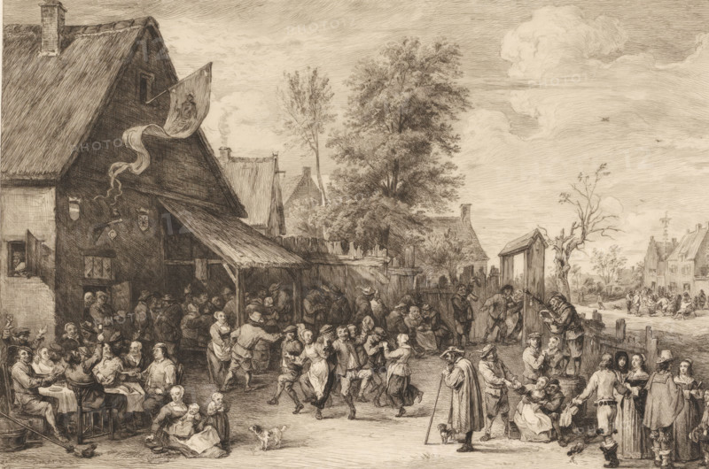 Dorfkirmes, Village Fair, print, printmaker: William Unger, after painting by David Teniers (II), printer (person): A. Pisani, publisher: Hugo Othmar Miethke, Vienna, 1861 - 1889, printer (person), Lower Austria, paper, chine collé, etching, intaglio printmaking technique, height 356 mm x width 417 mm, pleasure fair and circus, hotel, hostelry, inn, folk dancing (men and women together), A sepia-toned drawing of a lively village scene with many people gathered in front of buildings with steep thatched roofs and a covered porch, figures sitting at a table, others dancing in the street, people talking in groups, a woman seated on the ground holding a child, a small dog near the center, an elderly man with a cane standing nearby, a man peering through or operating a gate-like structure, clusters of trees behind the buildings, a flag with flowing fabric attached to a building, clouds in the sky, and distant houses and figures along a road.