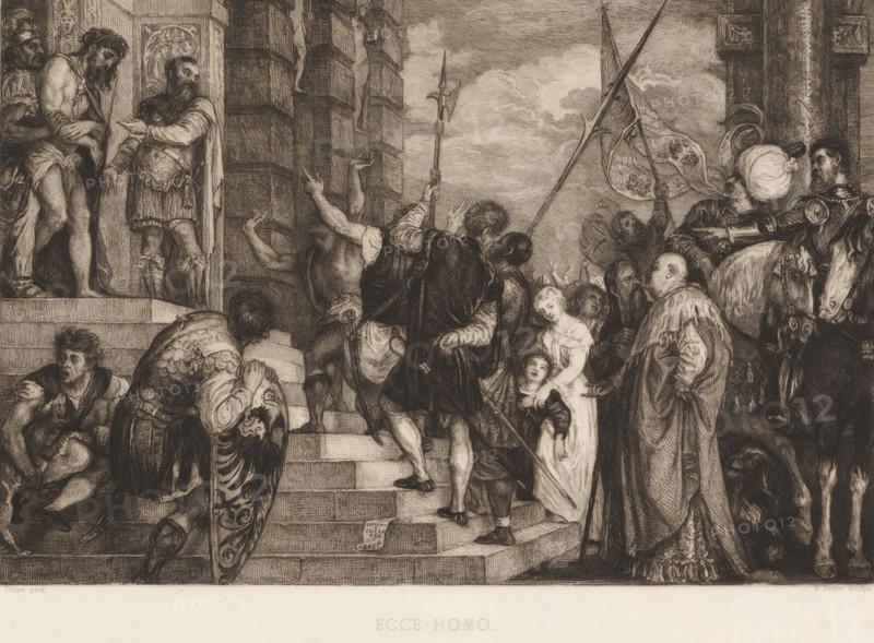 Christ Shown to the People (Ecce homo), Ecce Homo, print, printmaker: William Unger, after painting by Titiaan, printer (person): A. Pisani, publisher: Hugo Othmar Miethke, Vienna, 1861 - 1889, printer (person), Lower Austria, Titian, paper, chine collé, etching, intaglio printmaking technique, height 275 mm x width 387 mm, Pilate showing Christ to the people, 'Ostentatio Christi', 'Ecce Homo' (John 19:4-6), A densely detailed monochrome scene shows a crowd gathered on and beside a wide stone staircase leading into an architectural opening; figures wear a variety of garments including armor, robes, and draped cloth, and several hold long poles topped with ornamental spearheads or banners. On the left, a few men stand on the upper step near a doorway, one of them partially unclothed and another clad in armor gesturing outward. Descending and ascending figures fill the steps, some bent over, some looking up, and one carrying a decorative shield. Toward the center right, a small pale-face...