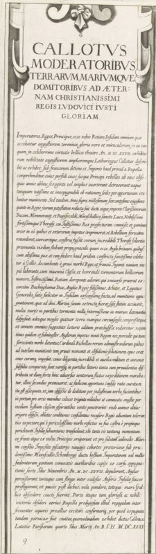 Siege of Saint Martin on the Île de Ré, July-November 1627 (text, top-right part), Callotus moderatoribus terrarum, mariumque domitoribus ad aeternam christianissimi regis Ludovici Iusti gloriam, print, historical print, text sheet, Series number, 9, 10?, Sixteenth part (text, top-right part) of a print of the siege of the citadel Saint Martin on the Île de Ré in 1627, which was carried out by English troops led by the Duke of Buckingham and was ended by French troops led by Cardinal Richelieu. On this sheet, a general explanation of the subject of the print, in Latin., printmaker, writer (clerical worker), France, Charles Delorme, paper, engraving, gravure, height 575 mm x width 171 mm, Ile de Ré, Period, 1627, A tall, narrow printed page with ornate borders and decorative elements at the top including a ribboned bow and stylized scrollwork, containing a large centered heading in capital letters followed by multiple dense lines of smaller, closely set text arranged in a single justifi...