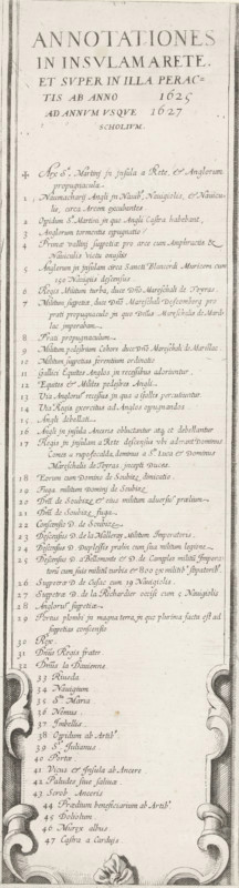 Siege of Saint Martin on the Île de Ré, July-November 1627 (text, bottom right section), print, historical print, text sheet, Sixteenth part (text, bottom right section) of a print of the siege of the citadel of Saint Martin on the Île de Ré in 1627, which was carried out by English troops led by the Duke of Buckingham and was ended by French troops led by Cardinal Richelieu. On this sheet the legend to the central map, in Latin., printmaker, writer (clerical worker), France, Charles Delorme, paper, engraving, height 583 mm, width 163 mm, Île de Ré, Period, 1627, A tall, narrow printed page with a decorative border and ornate corner scrollwork, topped by a large title in capital letters; below the title is a subtitle in smaller capitals and a short line of centered text. The main body consists of a vertical list of handwritten entries in neat cursive, each beginning with a small symbol or mark in the left margin and spaced with faint horizontal guide lines. The script varies slightly i...