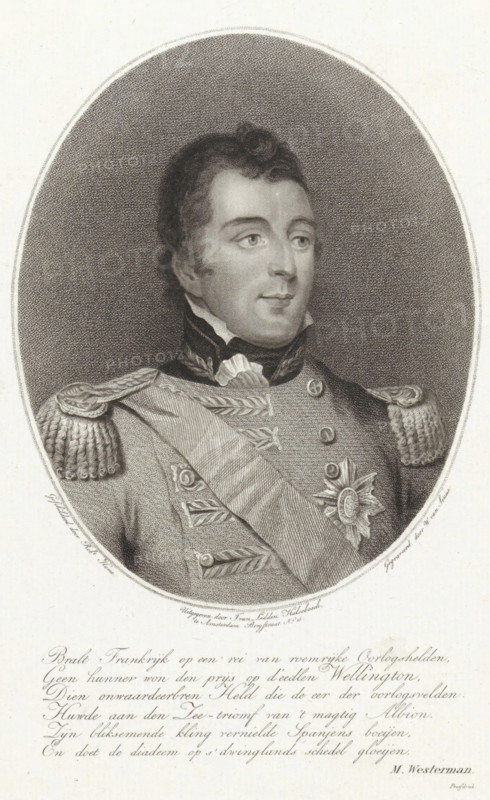 Portrait of Arthur Wellesley, Marquess of Wellington, print, Irish military leader and later statesman of the United Kingdom of Great Britain and Ireland., printmaker: Willem van Senus, after painting by Robert Home, writer (clerical worker): Marten Westerman, publisher: J. van Ledden Hulsebosch, Amsterdam, 1808 - 1851, writer (clerical worker), paper, etching, stippelets, engraving, stippelets and engraving, proof print, height 266 mm x width 207 mm, Person, Arthur Wellesley of Wellington, A detailed black and white engraved portrait of a man shown from the chest up within an oval frame, wearing a high-collared military uniform with decorative braiding and ornate shoulder epaulettes, a sash across his chest, and a star-shaped medal pinned near his shoulder, his hair short and curled, his face turned slightly to one side with a neutral expression, set against a textured dark background and surrounded by a lighter border.