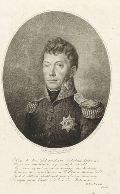Portrait of William I Frederick (King of the Netherlands), print, printmaker: Willem van Senus, after drawing by Hendrik Willem Caspari, writer (clerical worker): Marten Westerman, publisher: J. van Ledden Hulsebosch, Amsterdam, 1814 - 1843, writer (clerical worker), paper, etching, stippelets, engraving, stippelets and engraving, proof print, height 246 mm x width 180 mm, Person, William I of the Netherlands, A monochrome oval portrait shows a man from the chest up wearing a dark military coat with a high patterned collar and braided epaulettes, a decorative star-shaped badge on his chest, and closely curled hair; his face is calm and turned slightly to the viewer's right, set against a textured oval background with a plain border and additional blank space surrounding the oval.