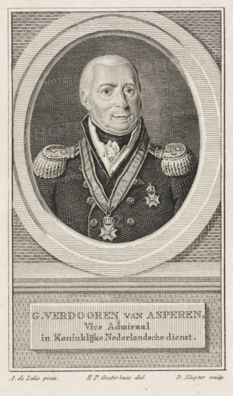 Portrait of Gerrit Verdooren van Asperen, print, printmaker: Dirk Sluyter, Amsterdam, after painting by Adriaan de Lelie, after drawing by Haatje Pieters Oosterhuis, in or after 1815, paper, etching, stippelwerk, engraving, stippelwerk and gravure, height 150 mm x width 94 mm, Person, Gerrit Verdooren van Asperen, A black and white engraved portrait of a man shown from the chest up within an oval frame, wearing a formal military coat with ornate shoulder epaulettes and layered collars, a decorative sash around his neck with a large medal suspended at the front and another star-shaped medal on his chest, his hair is short and light, his expression neutral, the background inside the oval is textured with fine crosshatching and the surrounding rectangular border contains patterned lines and engraved shading.