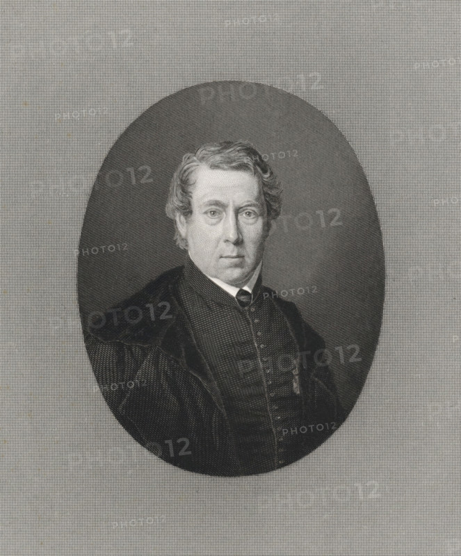 Portrait of the painter and theologian Cornelis Broere, print, printmaker: Dirk Jurriaan Sluyter, Amsterdam, after painting by Cornelis Broere, 1860 - 1879, paper, steel engraving, etching, steel engraving and etching, height 303 mm x width 211 mm, Person, portrait, self-portrait of painter, A monochrome engraved portrait of a middle-aged man shown from the chest up inside an oval vignette, with wavy hair swept to the side, a high forehead, and a composed facial expression, wearing a dark textured coat with a high collar over a buttoned waistcoat and a visible collar and tie, all rendered with fine crosshatching and stippled shading against a finely patterned background.