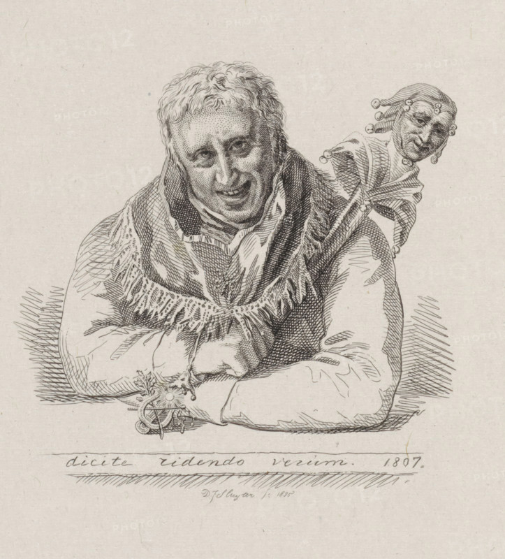 Portrait of Jan van Walré with a jester's staff, print, Portrait of Jan van Walré with a jester's staff and a fool's cap, made in memory of his Grand Mastership of the satirical poetry society Democriet from Haarlem in 1807. Below the portrait the motto 'Dicite ridendo verum'., printmaker: Dirk Jurriaan Sluyter, Amsterdam, 1835, Dirk Jurriaan Sluyter, printmaker, paper, chine collé, etching, engraving, etching and engraving on chine collé, height 234 mm x width 152 mm, Person, Jan van Walré, fool's cap, attributes of court jester, A detailed black and white line drawing of an older person leaning forward with arms crossed on a surface, wearing layered clothing with a textured shawl around the shoulders and a high collar; the face shows short wavy hair, visible eyes looking slightly upward, a pronounced nose, and a subtle smile with visible teeth; behind the person, a smaller jester-like figure with a cap adorned with small round bells leans forward from the shoulder, its face turned to...