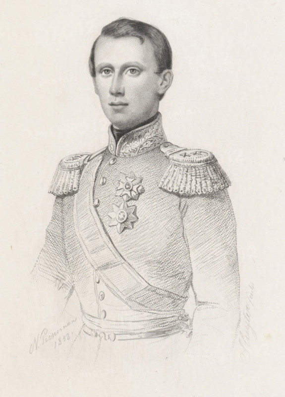 Portrait of Willem (Wiwill) of Orange, Crown Prince of the Netherlands, print, Crown Prince of the Netherlands in uniform, printmaker: Dirk Jurriaan Sluyter, Amsterdam, after design by Nicolaas Pieneman, 1852 - 1886, paper, chine collé, etching, steel engraving, roulette, steel engraving and roulette on chine collé, height 192 mm x width 121 mm, Person, Willem (Prince of the Netherlands), A detailed pencil sketch of a young man shown from the torso up wearing a formal military-style jacket with ornate embroidered collar and decorative shoulder epaulettes, a sash crossing his chest, and two star-shaped medals pinned to the left side; his hair is short and combed to the side, his face is clean-shaven with neutral expression and direct gaze, and the background is plain.