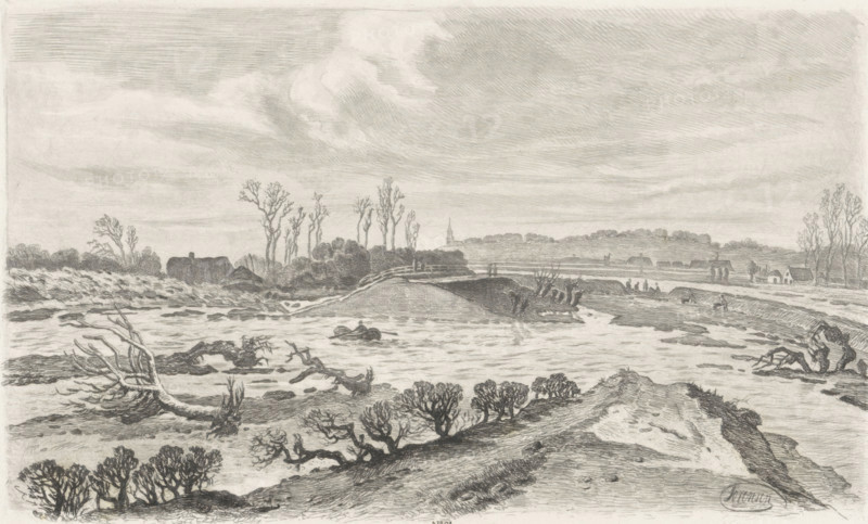 Flooded landscape, no. 21, print, Series number, 21, Flooded river landscape with uprooted trees. Men with wheelbarrows walk towards a hole in the dike. In the background a small village and a church. Numbered '21'., printmaker: Jacobus Sörensen, Amsterdam, 1827 - 1857, paper, etching, roulette, intaglio printmaking technique, etching and roulette with plate tone, height 144 mm x width 237 mm, river, the Flood and destruction of mankind, story of Noah (Genesis 7:10 - 8:17), A wide monochrome landscape rendered in fine pencil or ink lines shows a river or flooded plain in the foreground with low, scrubby bushes and twisted, uprooted tree trunks lying across shallow water and wet ground; a dirt path or embankment runs from the lower right toward the middle, edged by clumps of vegetation and rough, textured earth. Midground features a low bridge or causeway crossing the water with two small human figures visible on it and a small boat in the water nearby; beyond the bridge are clusters of...