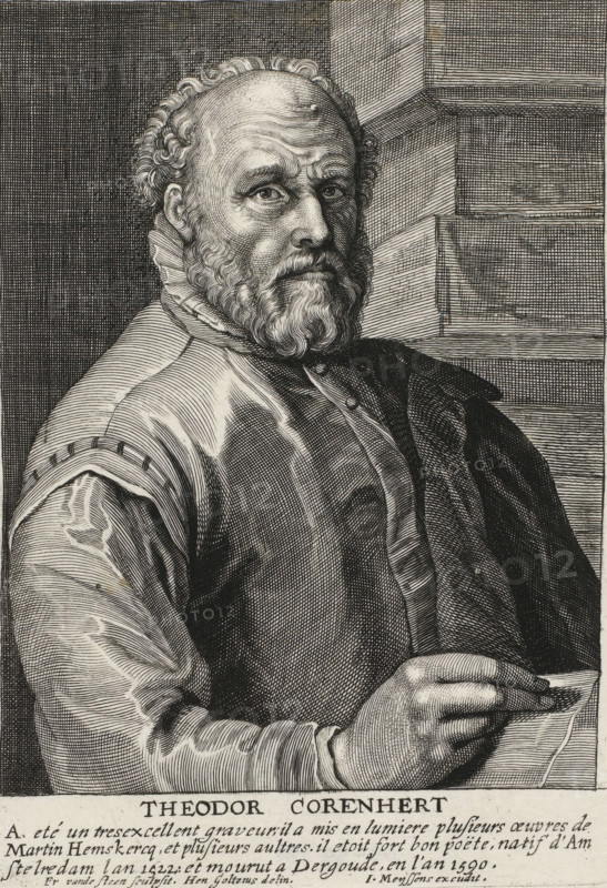 Portrait of Dirck Volckertsz. Coornhert, Image de divers hommes, print, Portrait of scholar, writer and artist Dirck Volckertsz. Coornhert. At the bottom in the margin a three-line text in French., printmaker: Frans van der Steen, Antwerp, after drawing by Hendrick Goltzius, publisher: Joannes Meyssens, 1649, paper, engraving, gravure, height 160 mm x width 114 mm, A black and white engraved portrait of an older man shown from the torso up, turned slightly to his left, with a balding, curled hairline and a full beard and mustache; he wears a high ruffled collar beneath a buttoned garment and a draped cloak over one shoulder, and his right hand rests on a surface holding a folded sheet. The background shows a textured crosshatched wall and a corner with stacked rectangular blocks creating linear depth.